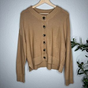 Quince Organic Cotton Button Front Knit Cardigan Womens Medium Camel Minimalist